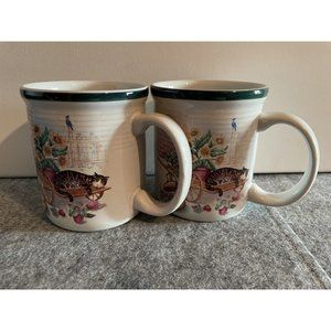 2 Century Stoneware mugs with Cat Sleeping on Garden Cart Made In Thailand